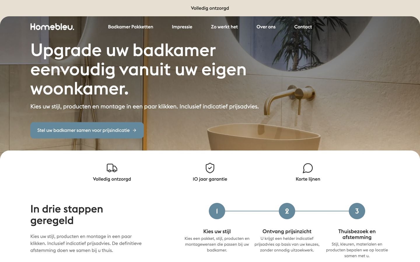 De homepage van Homebleu met badkamerpakketten en de route naar samenstellen