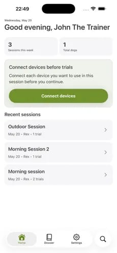 K9 Smart Rings dashboard met recente trainingssessies